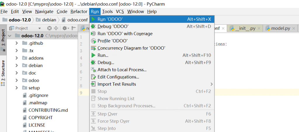 使用pycharm搭建ODOO12开发调试环境（WIN10系统下）